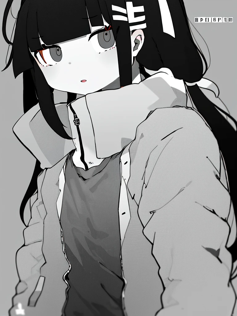 masterpiece, best quality, 1girl, solo, long_hair, looking_at_viewer, bangs, simple_background, shirt, hair_ornament, long_sleeves, twintails, jacket, monochrome, ahoge, greyscale, parted_lips, open_clothes, blunt_bangs, low_twintails, x_hair_ornament,