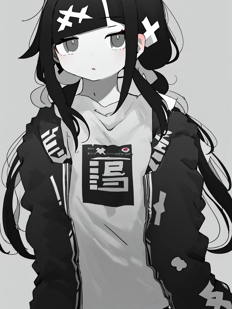 masterpiece, best quality, 1girl, solo, long_hair, looking_at_viewer, bangs, simple_background, shirt, hair_ornament, long_sleeves, twintails, jacket, monochrome, ahoge, greyscale, parted_lips, open_clothes, blunt_bangs, low_twintails, x_hair_ornament,