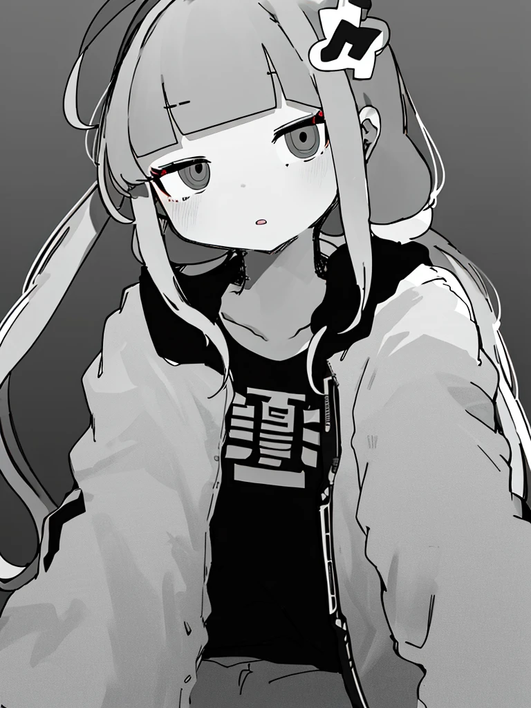 masterpiece, best quality, 1girl, solo, long_hair, looking_at_viewer, bangs, simple_background, shirt, hair_ornament, long_sleeves, twintails, jacket, monochrome, ahoge, greyscale, parted_lips, open_clothes, blunt_bangs, low_twintails, x_hair_ornament,