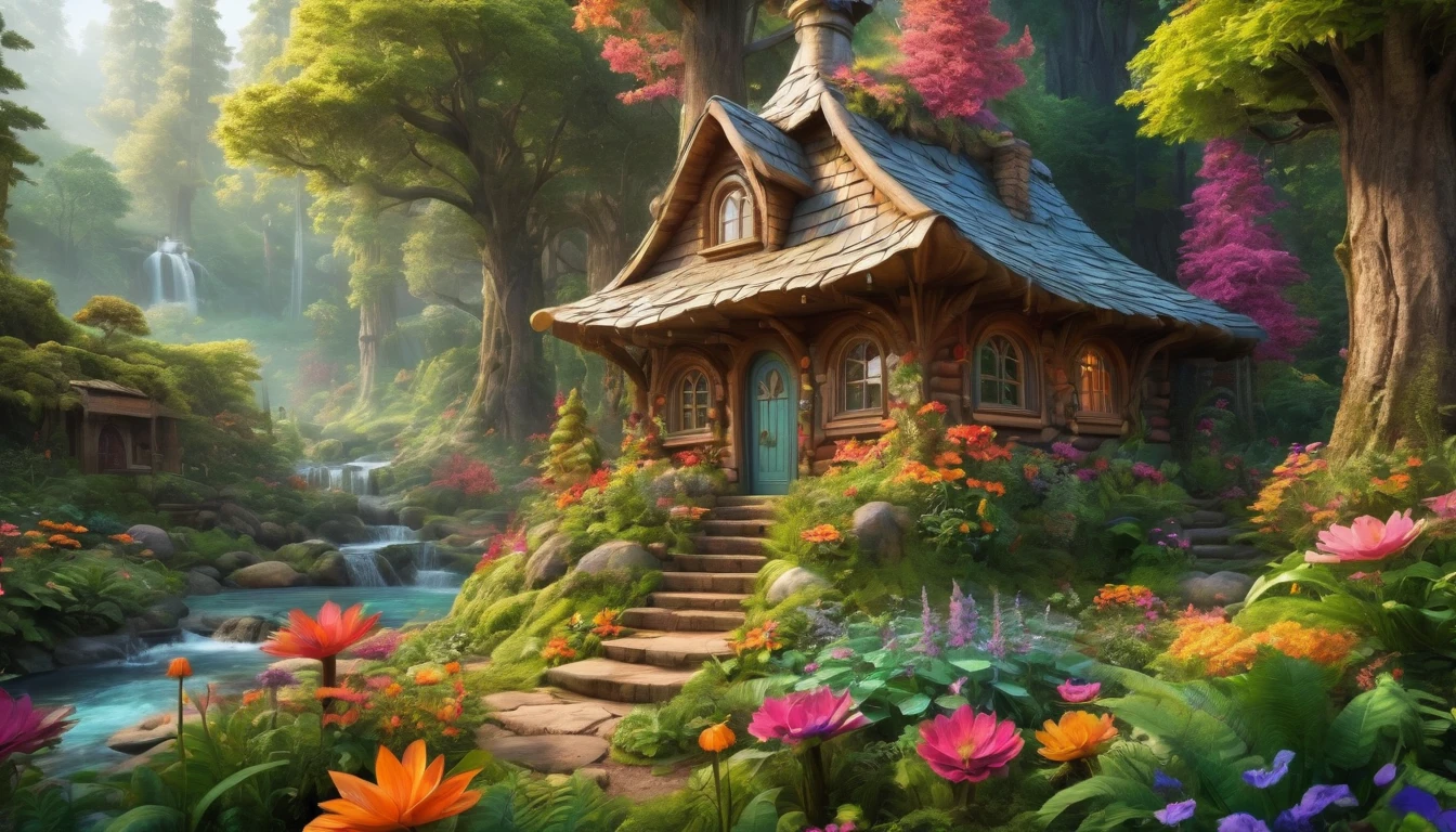 (Mysterious fantasy forest, Dense trees, A strange and cute little tree:1.5), Cabin in the middle of the forest, Vividly depicted in the work (Best quality, 8K, Advanced resolution, Masterpiece:1.2), With ultra-detailed detail (1.4x realism, Photorealistic:1.37). This dream forest is made up of bright colors, bathed in the warm glow of the sun, creating a cheerful and whimsical atmosphere. The cabin is designed with great attention to detail, with a complex design and unique architecture, similar to a mushroom-shaped house. A beautiful waterfall cascades nearby, adding a serene and enchanting element to the scene. (This fantastic forest is surrounded by lush greenery and colorful flowers), elevating a captivating and magical environment. The artwork showcases an illustrative style, inspired by children's book illustrations, ensuring a glamorous and nostalgic touch. The color palette consists of bright rainbow colors, seven colors, evoking feelings of joy and playfulness. Lighting accentuates the picturesque scene, with soft and warm shadows adding depth and warmth to the artwork. Every detail is impeccably presented, creating a visually stunning masterpiece, capturing the essence of the fantasy forest.