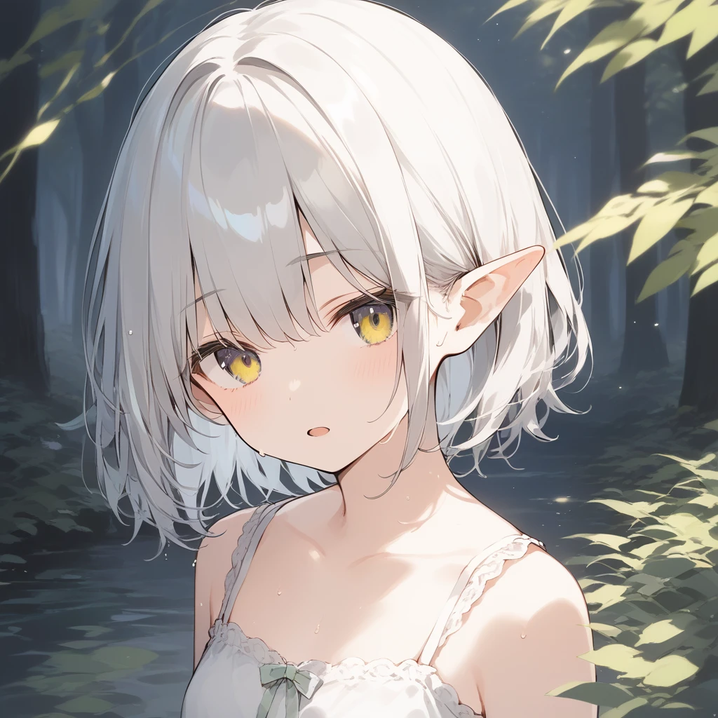 score_9, score_8_up, score_7_up, source_anime, best quality, masterpiece, official art, absurdres, highres, ultra-detailed,waifu2x,Collection: Slice of Life,break,1girl, elf, short hair, slender, androgynous,expressionless, small breasts, beautiful detailed eyes, green shorts, sweat, open mouth, sleepily, outdoors, forest, spring,break,(clear line illustration:1.2), super detailed skin,very high resolution, very aesthetic, Best sexual lighting powered by famous artist, 8k,cute picture,beauty illustration,photoshop_(medium),,(Detailed Lighting),best anime 8k konachan wallpaper, pixiv contest winner,