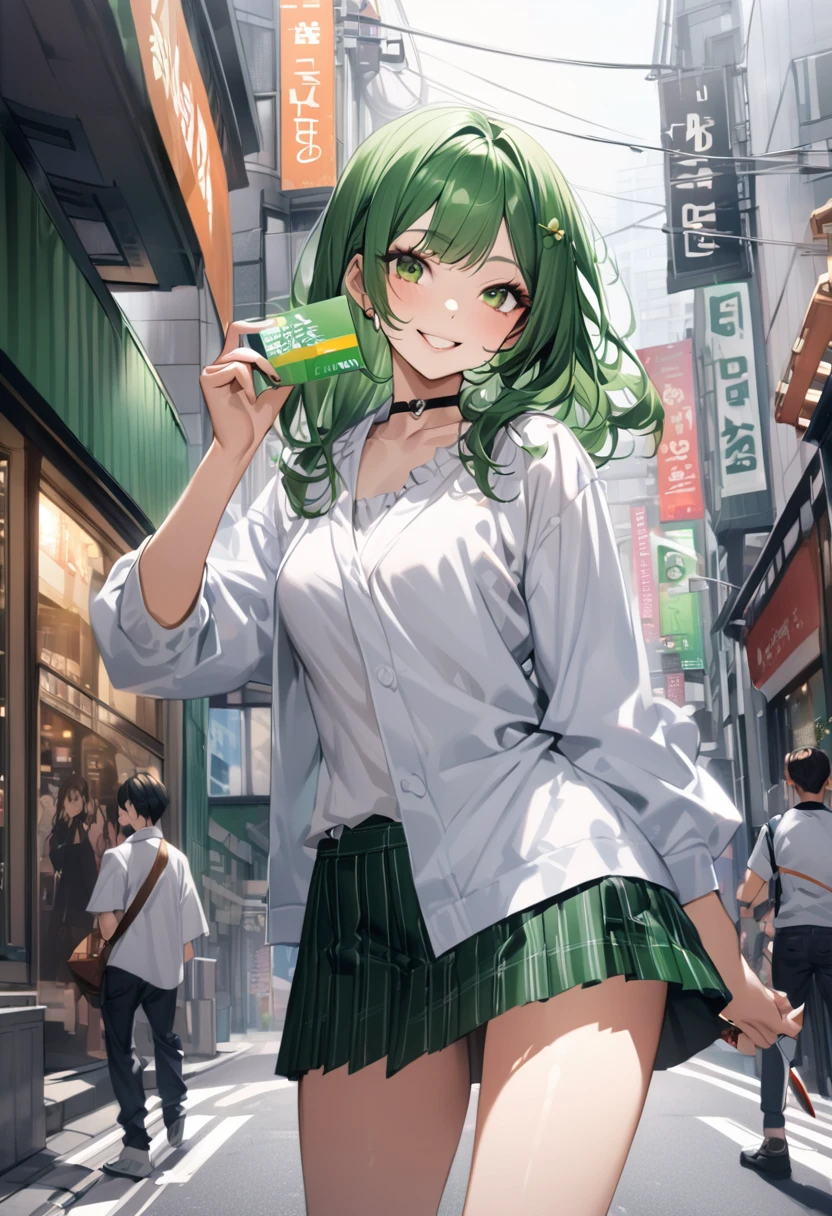 A hyper-realistic quality photo of a Japanese female college student with a K-pop idol style. She is wearing a white blouse and holding a plain green credit card in her right hand. The background is the streets of Ginza. She is smiling.
