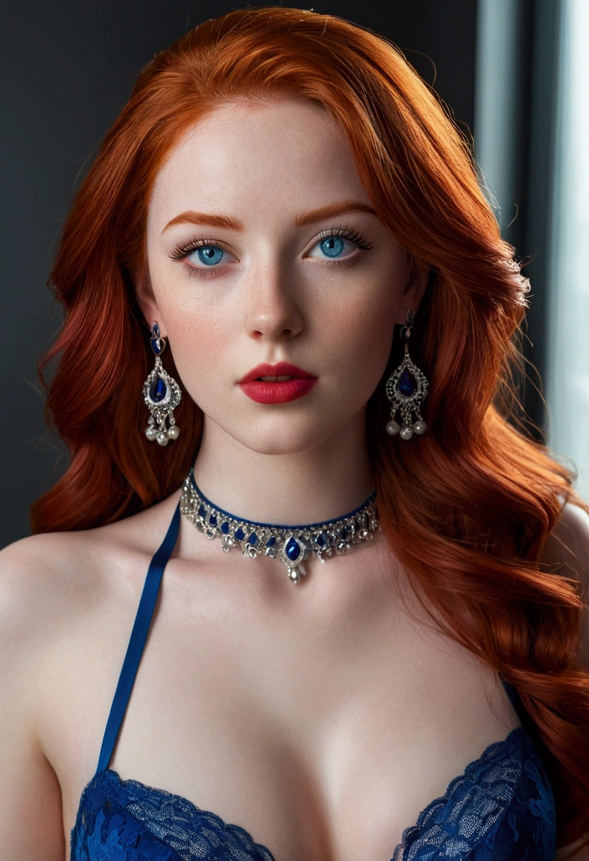 1 beautiful woman, 20 years old, bright red hair, pale white skin (realisic skin details, realisic skin), shining blue eyes (very detailed and vivid eyes), Red lips, make up, necklase, aretes, choker, Accessories, perfectbody , perfectly round butt, lingerie, gazing at viewer, pose sexy, (work of art), (photorrealistic), (8K), (realistic lighting), 