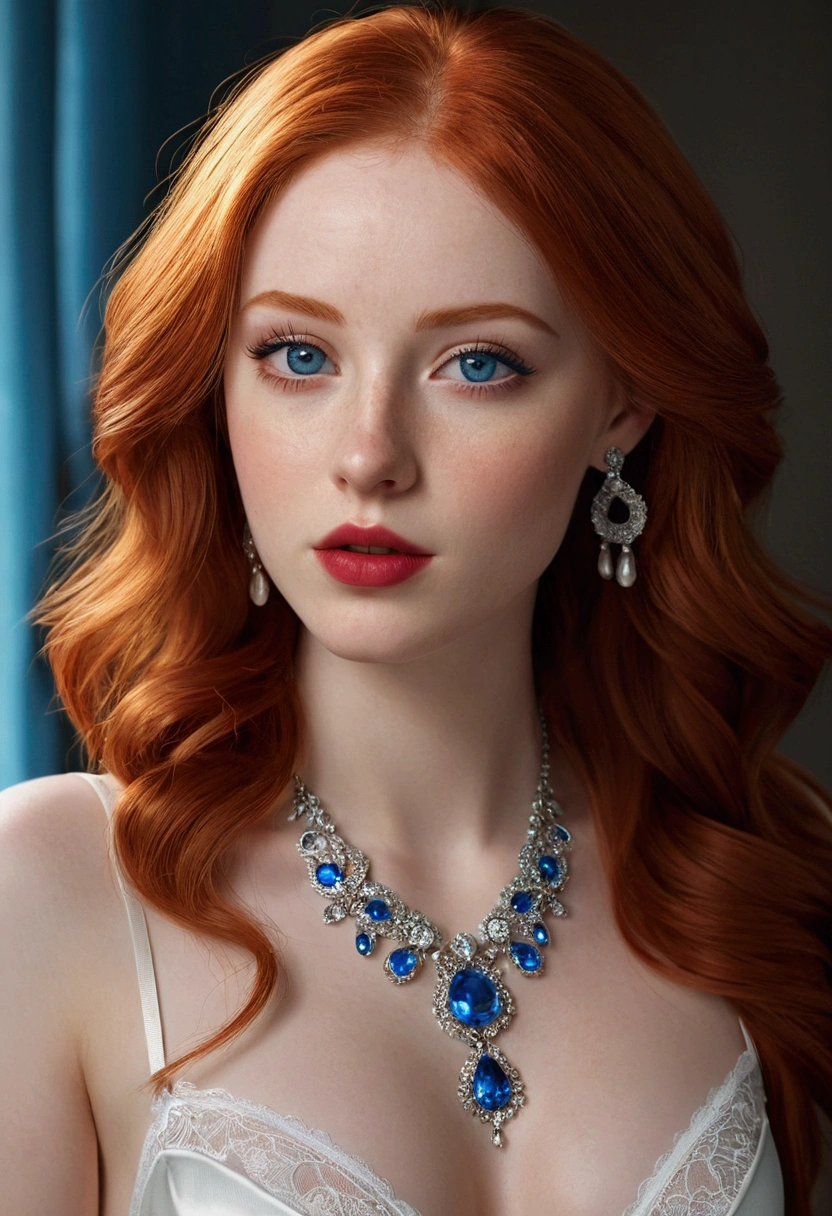 1 beautiful woman, 20 years old, bright red hair, pale white skin (realisic skin details, realisic skin), shining blue eyes (very detailed and vivid eyes), Red lips, make up, necklase, aretes, choker, Accessories, perfectbody , perfectly round butt, lingerie, gazing at viewer, pose sexy, (work of art), (photorrealistic), (8K), (realistic lighting),