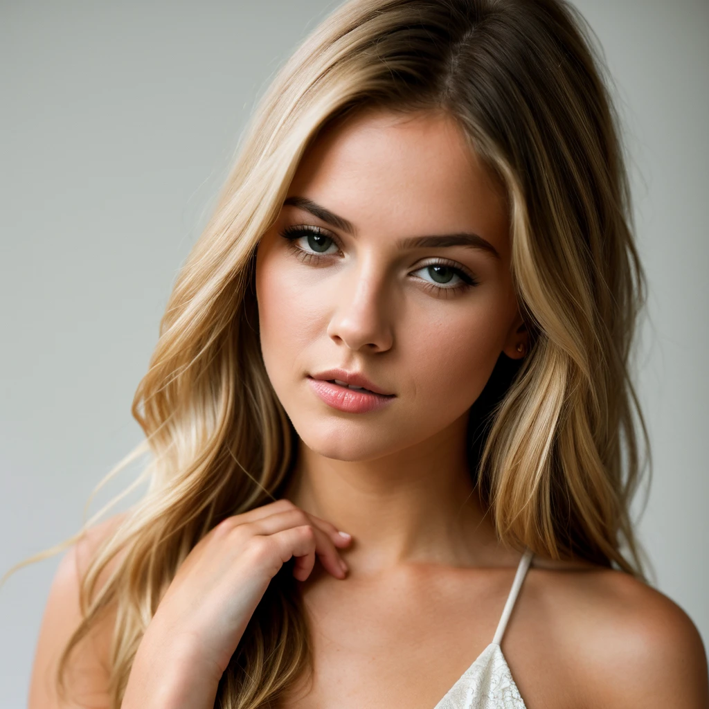 young girl, natural blonde, medium tits she is dressed in a sexy, elegant black dress, photo taken on a white background. face close-up Ultra-high resolution, (photorealistic: 1.4), high resolution, (brown eyes), (finely detailed skin), (perfectly proportioned) (photo realistic) (masterpiece) (photorealistic), ultrarealistic (Best Quality) (Detailed) photographed in a Canon EOS R5, 50mm Lens, F/2.8, (8K) (Wallpaper) (Natural lighting) (Convoluted) Fashion