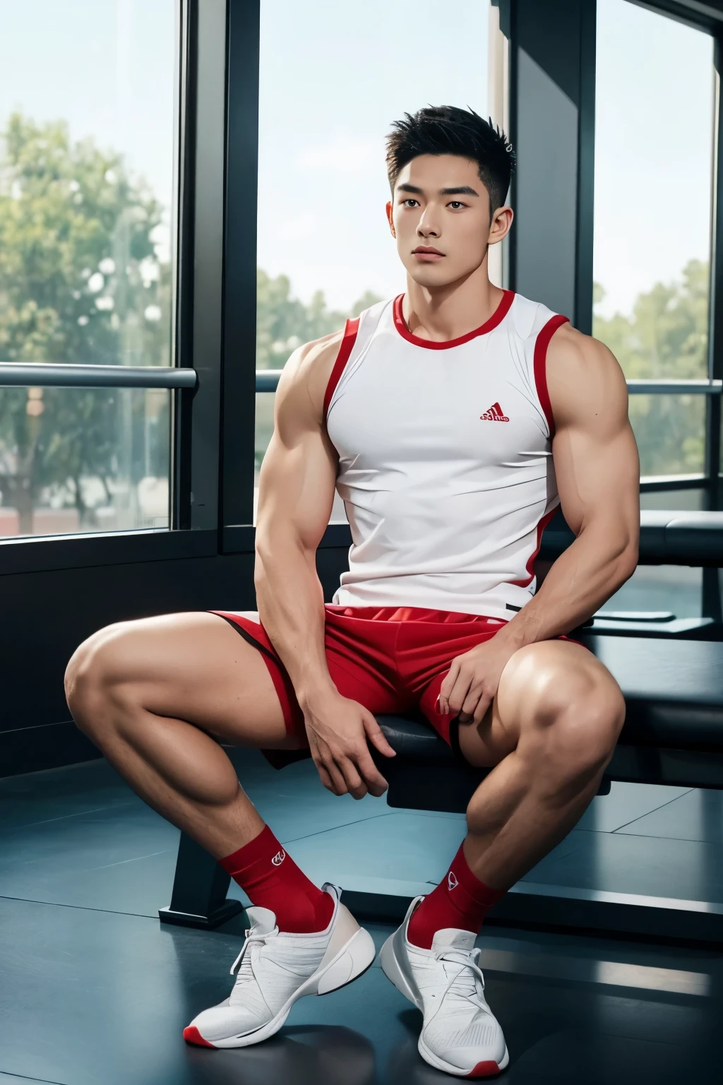 1 Chinese handsome guy，23-year-old dark-skinned sports student，bronze skin，Handsome fitness trainer，Broad shoulders and narrow waist，Masculine and sexy，The neckline is slightly open, The close-fitting fabric outlines the chest muscles，Wearing loose breathable red sportswear and black sports shorts，Sports straight man，Sitting on gym bench with hands on knees，High，Muscles look good，hairy body，Wearing white football socks and red sneakers，black eyes（Small eyes 1：3），whole body image