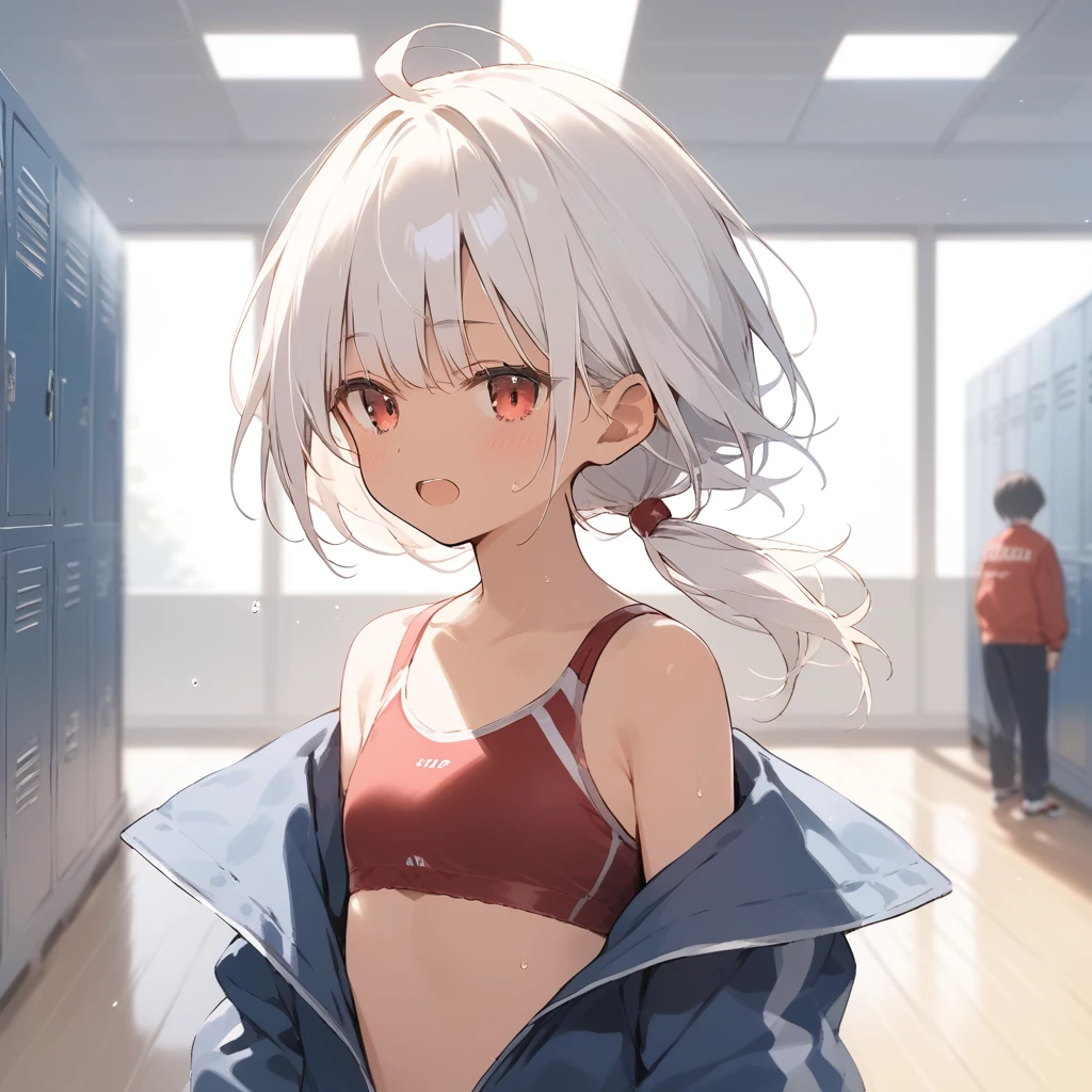 score_9, score_8_up, score_7_up, source_anime, best quality, masterpiece, official art, absurdres, highres, ultra-detailed,waifu2x,Collection: Slice of Life,break,1girl, tomboy, dark-skinned female, short hair, low ponytail, flat chest, track suit, underwear, bra, beautiful detailed eyes, dressing, sweat, open mouth, (yawn:0.3), sleepily, locker room, indoors, wind,break,(clear line illustration:1.2), super detailed skin,very high resolution, very aesthetic, Best sexual lighting powered by famous artist, 8k,cute picture,beauty illustration,photoshop_(medium),,(Detailed Lighting),best anime 8k konachan wallpaper, pixiv contest winner, 