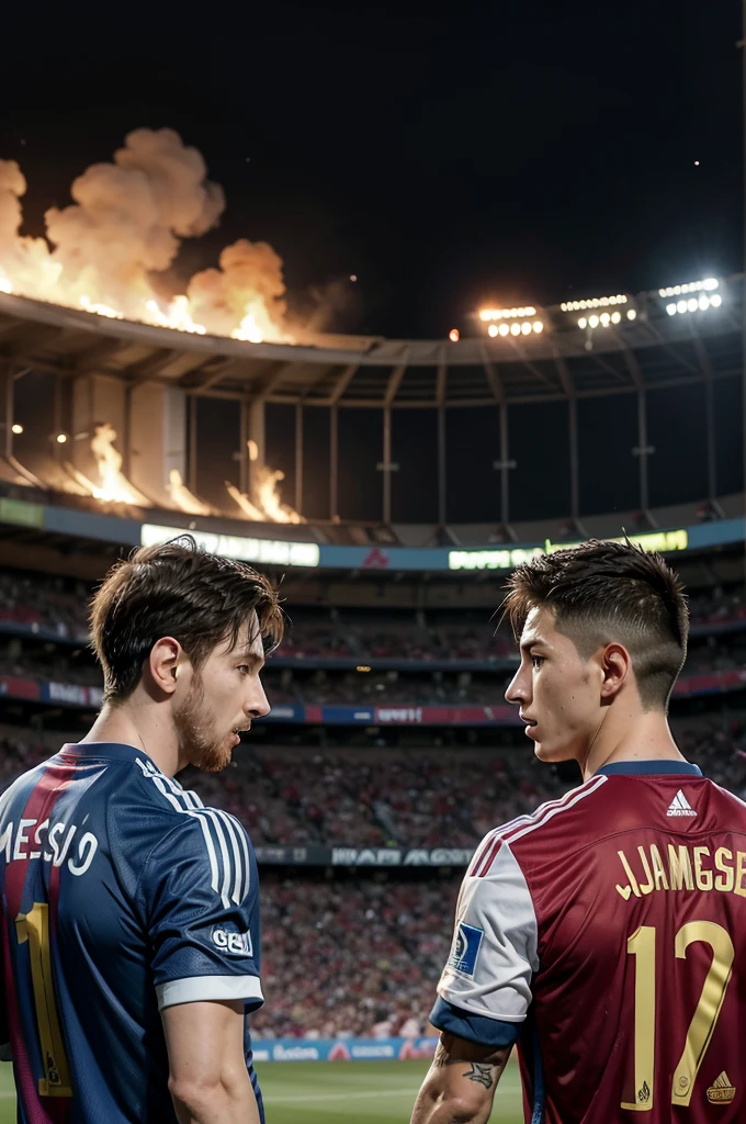 Create an image of Messi vs James Rodriguez with their national team uniforms turned back to back with the stadium on fire,registered Copa América final 2024