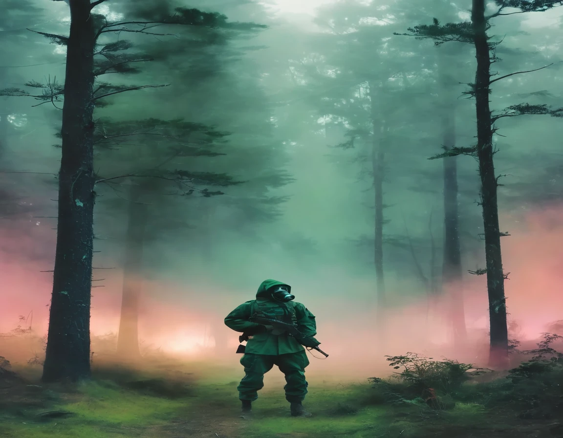 soldier wearing a (dark green) gas mask and a hood standing in the distance, colorful, ((foggy)), forest, dark, mysterious, landscape, apocalyptic, night, moon