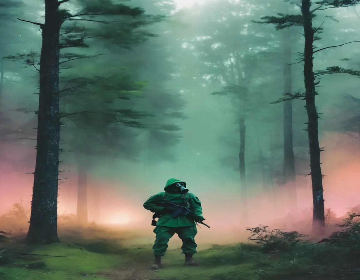 soldier wearing a (dark green) gas mask and a hood standing in the distance, colorful, ((foggy)), forest, dark, mysterious, landscape, apocalyptic, night, moon