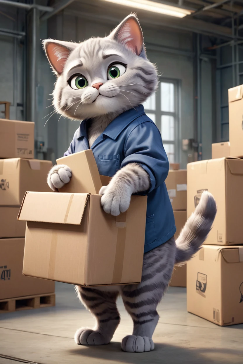 elderly anthropomorphic grey cat in labor clothes, lifting a box at a factory space, 8k. disney, pixar style.