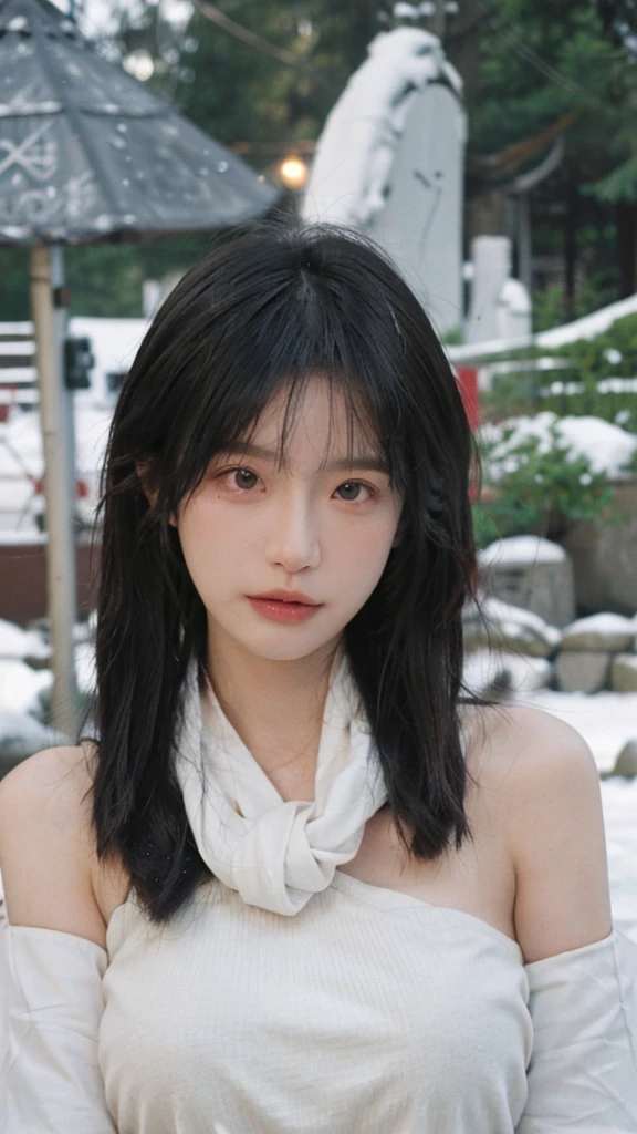 Portrait photography,1 girl,snow,Snow Scene,Heavy makeup,Bare shoulders,Lipstick,(Big breasts:1.4),Shoulder-Length Wavy Hair,Wear a necklace,scarf,Earring short sleeves,serene,calm,(Realistic and detailed eyes,Natural skin texture,Realistic facial details),whole body:1.4,