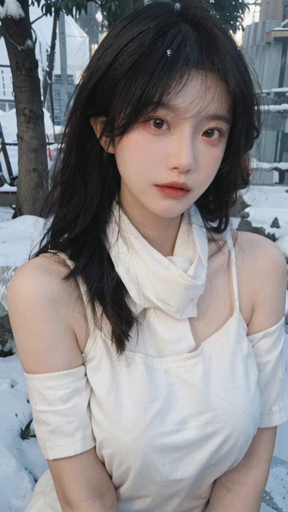 Portrait photography,1 girl,snow,Snow Scene,Heavy makeup,Bare shoulders,Lipstick,(Big breasts:1.4),Shoulder-Length Wavy Hair,Wear a necklace,scarf,Earring short sleeves,serene,calm,(Realistic and detailed eyes,Natural skin texture,Realistic facial details),whole body:1.4,