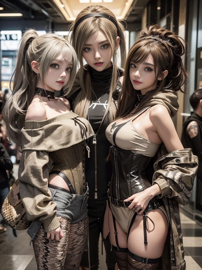 (Smiling with teeth showing:1.3),(Shibuya Gal:1.5)、(Beautiful:1.5)、(Neo-goth fashion:1.5)、(Punk RockVisual Kei:1.5)、(An off-the-shoulder hoodie in khaki and brown with delicate silver accessories.:1.5)、(A corset with a delicate beige and brown design:1.4)、(Dark grey, khaki and brown snakeskin bodysuit:1.5)、(Snake print headband:1.3)、(Beige and charcoal knee socks:1.4)、Embellished collar and long boots、(I'm selling snake print underwear.:1.4)、(Long eyelashes:1.3)、(20-year-old)、((Highest quality、8k、masterpiece:1.3))、1 Female、Slim and beautiful abs:1.3、(hairstyle casual、Beautiful boobs:1.1)、(Doing an aerobics pose:1.3)、dress:1.1、Super small face、Narrow eyes、double eyelid、A sloppy smile、Esbian all over、Dynamic Angle、Close-up、CPL Filter、Blurred Background、Bokeh、Blue Hour、Detailed face and skin texture、Detailed eyes、,(Twin tails:1.3)、(Black brown hair:1.3)、Gravure idol、(The background is a glamorous dance hall:1.3)、(Make your legs thinner:1.4)、(Slim body:1.3)、(clavicle:1.1)