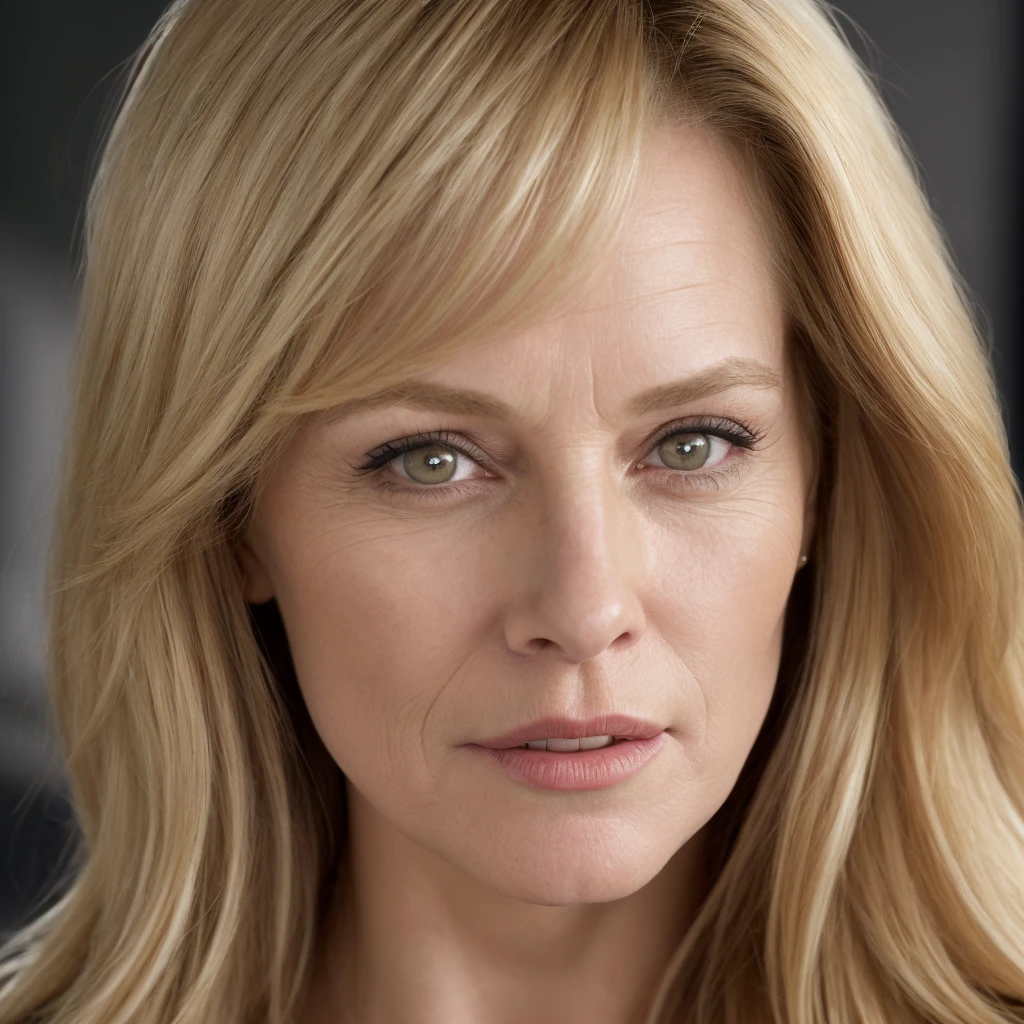 (close up, editorial photography of a 50 year old woman, blonde, sophisticated), (high-detailed face:1.4) (he used to smile:0.7) (background inside dark, temperamental, private study:1.3) ass pov, Nikon D850, movie image bank ,4 Kodak Portra 400 ,f1 camera.6 Lenses ,rich colors ,hyperrealisti ,realistic texture, dramatic lighting , Cinemastill 800, from front view. journalistic photo.