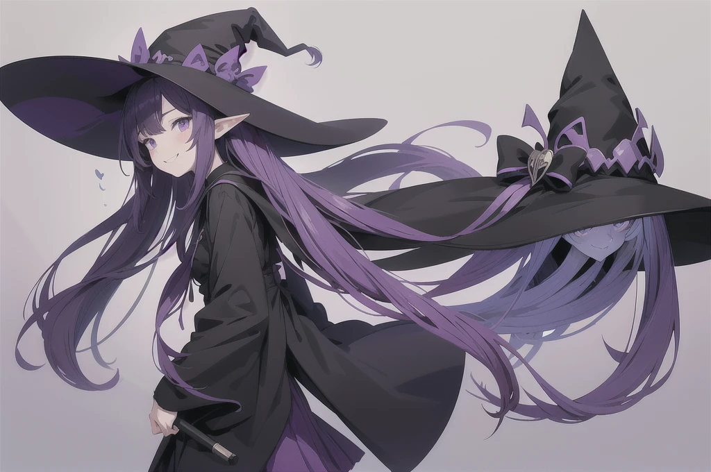 Anime girl. Long purple hair and wearing a black robe. Pointy ears. Witch hat. Cute cartoon. Illustration, alone. Looking back. Full body. About high school . Smiling.