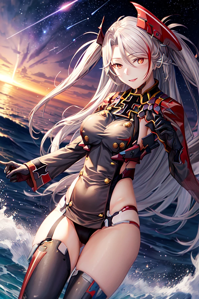 ((Prinz Eugen:1.5)),((独奏, 1girl)) ((masterpiece,Highest quality,Highly detailed images,Beautiful images、Realistic、Dutch Angle)),（Top-down angle image）、 (Bright lighting overall、Backlight、A fantastic atmosphere、Thick Fog、Dust flutters),(Sexy pose、、large breasts, Charming smile), ((Mysterious night sky、shooting star、Stars Shining、Ocean))、Emphasize the chest、((sideboob))