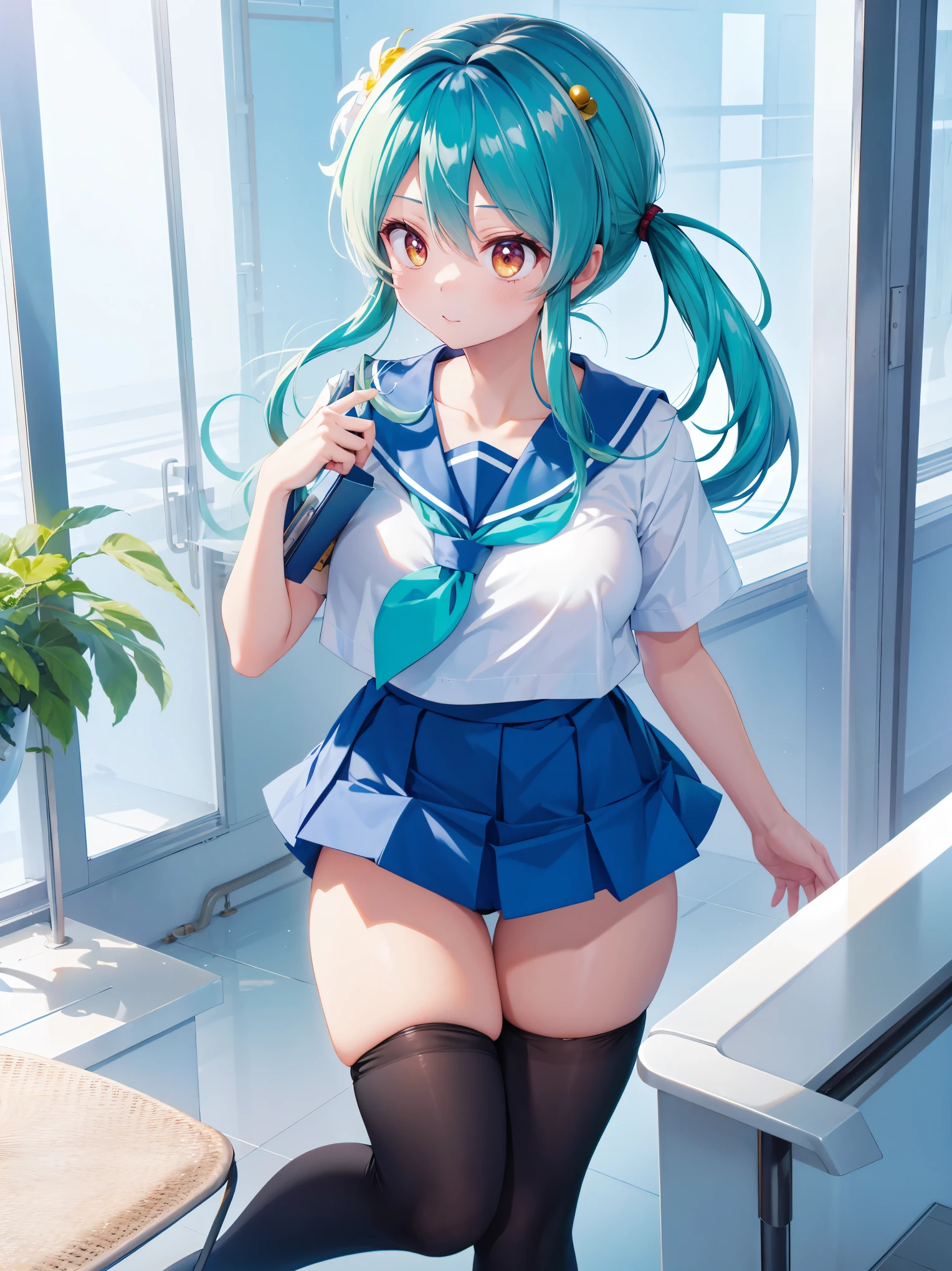 (1 Girl),(high quality), (High resolution), (Very detailed), (8K),(Demolition paperback correct)、Urusei Yatsura、Ram-chan、((White and navy blue sailor suit))、Navy blue pleated skirt、Cute Panties、((Focus on the whole body))、Nipple Shape、((Black knee-high stockings))、Hair messed up by the strong wind、Neutral White Lighting,Sexy pose、
