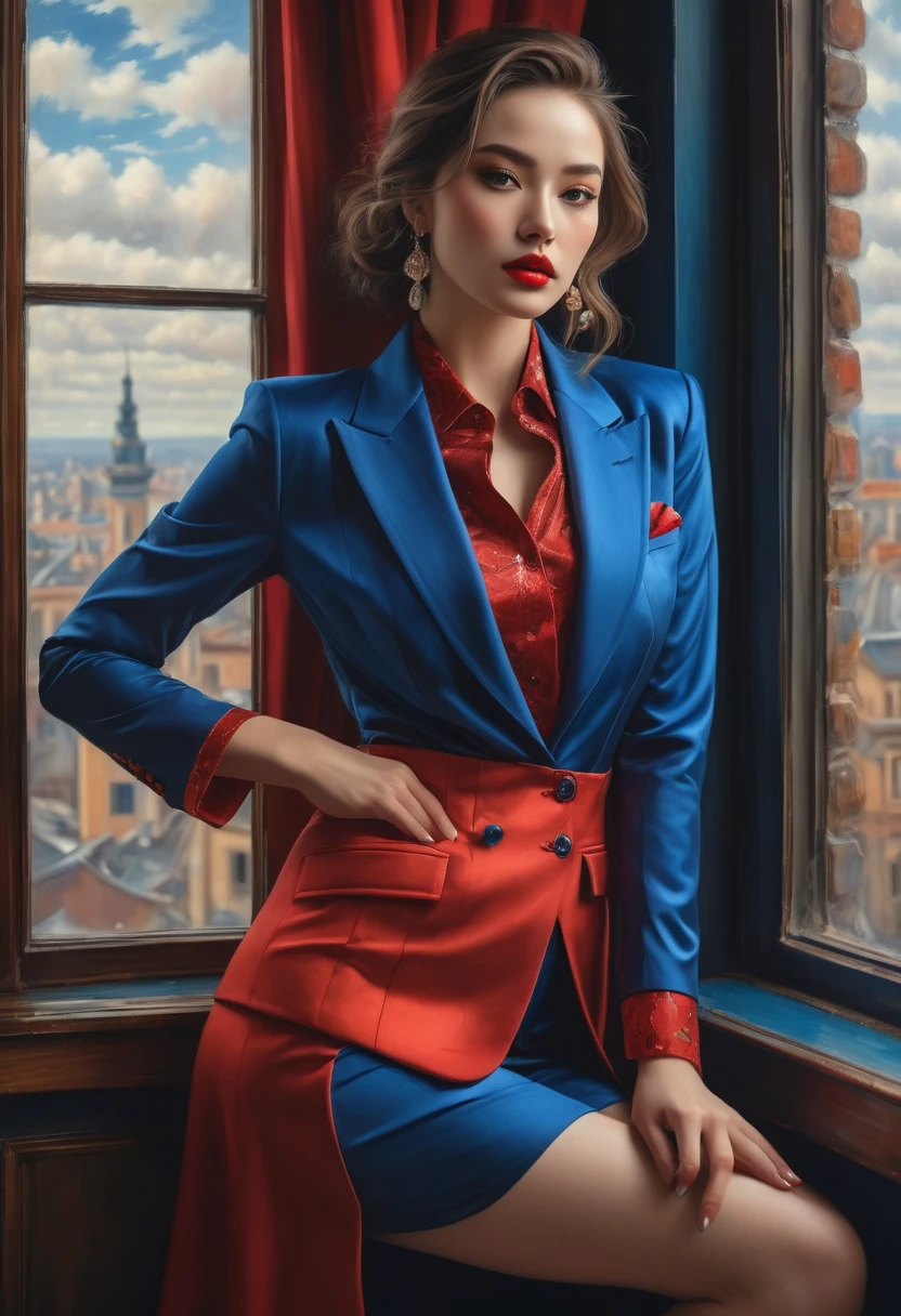 (whole body，There are legs and feet )(Better quality, 4K, 8K, high resolution, artwork: 1.2), (Super detailed, Realist, FotorRealist:1.37)A charming young woman, Wearing a striking red and blue suit, Standing in front of the window，A tough and determined look. Her charming eyes have exquisite details, Capture every gleam and depth, Her lips have a delicate beauty that is both charming and seductive. Level of detail extends across the entire face, Every contour and feature is perfectly rendered, Create a sense of surrealism，attract the audience. 

costumes , Reminiscent of oil painting art, 它本身就是一件artwork. factory, Carefully crafted，Similar to vibrant brush strokes, Add a touch of vitality to your overall look. This is the true embodiment of the artist&#39;of talent, Demonstrate mastery