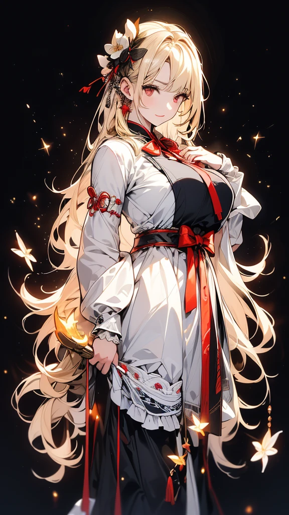 masterpiece, high quality, 4K, Beautiful design, silhouette,blonde, 非常に詳細な夜のStarry Sky,Flower Field, wonderful, Finer details, Very knowledgeable woman, Highly detailed solo, 1 female,Red eyes,Big Breasts,White Lolita Fashion,fan,Night view,Starry Sky,full moon,