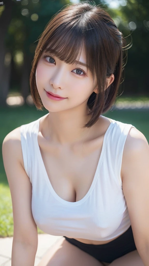 Innocent 20 year old girl、one girl,((Oversized white T-shirt,Dramatic poses)),Smile,short-cut,Park background、Raw photo, (8K、top-quality、masterpiece:1.2)、(intricate detailes:1.4)、(Photorealsitic:1.4)、octane renderings、Complex 3D rendering ultra detail, Studio Soft Light, Rim Lights, vibrant detail, super detailing, realistic skin textures, Detail Face, Beautiful detail eyes, Very detailed CG Unity 16k wallpaper, make - up, (detailedbackground:1.2), shinny skin, Full body、From head to thigh、cleavage of the breast,((getting on all fours、stick out buttocks、Put your hands on the ground))、Large Breasts,Black sleeveless shirt