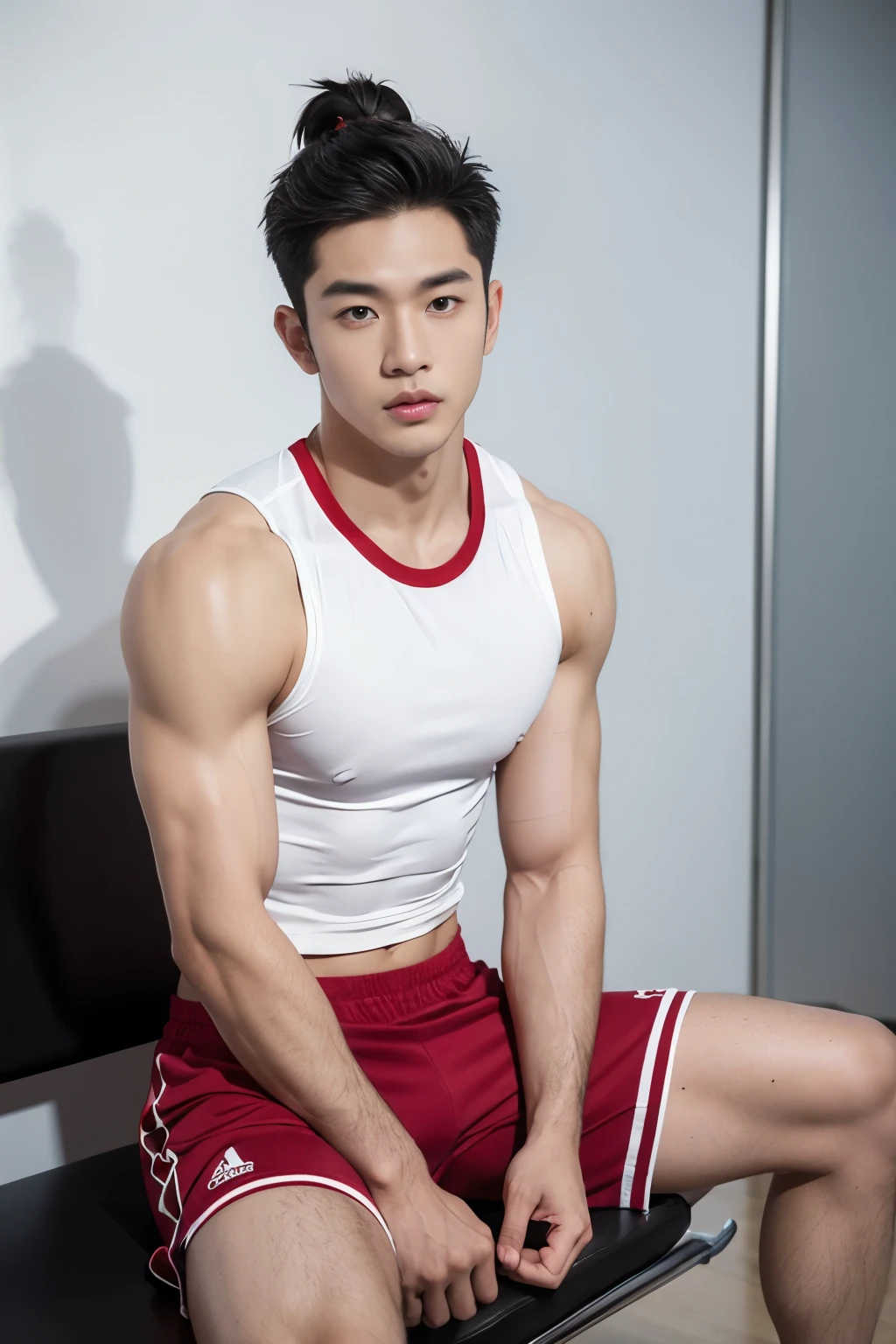 1 Chinese handsome guy,23-year-old dark-skinned sports student,bronze skin,Handsome fitness trainer,Broad shoulders and narrow waist,Masculine and sexy,The neckline is slightly open, The close-fitting fabric outlines the chest muscles,Wearing loose breathable red sportswear and black sports shorts,Sports straight man,Sitting on gym bench with hands on knees,High,Muscles look good,hairy body,Wearing white football socks and red sneakers,black eyes(Small eyes 1:3),whole body image
