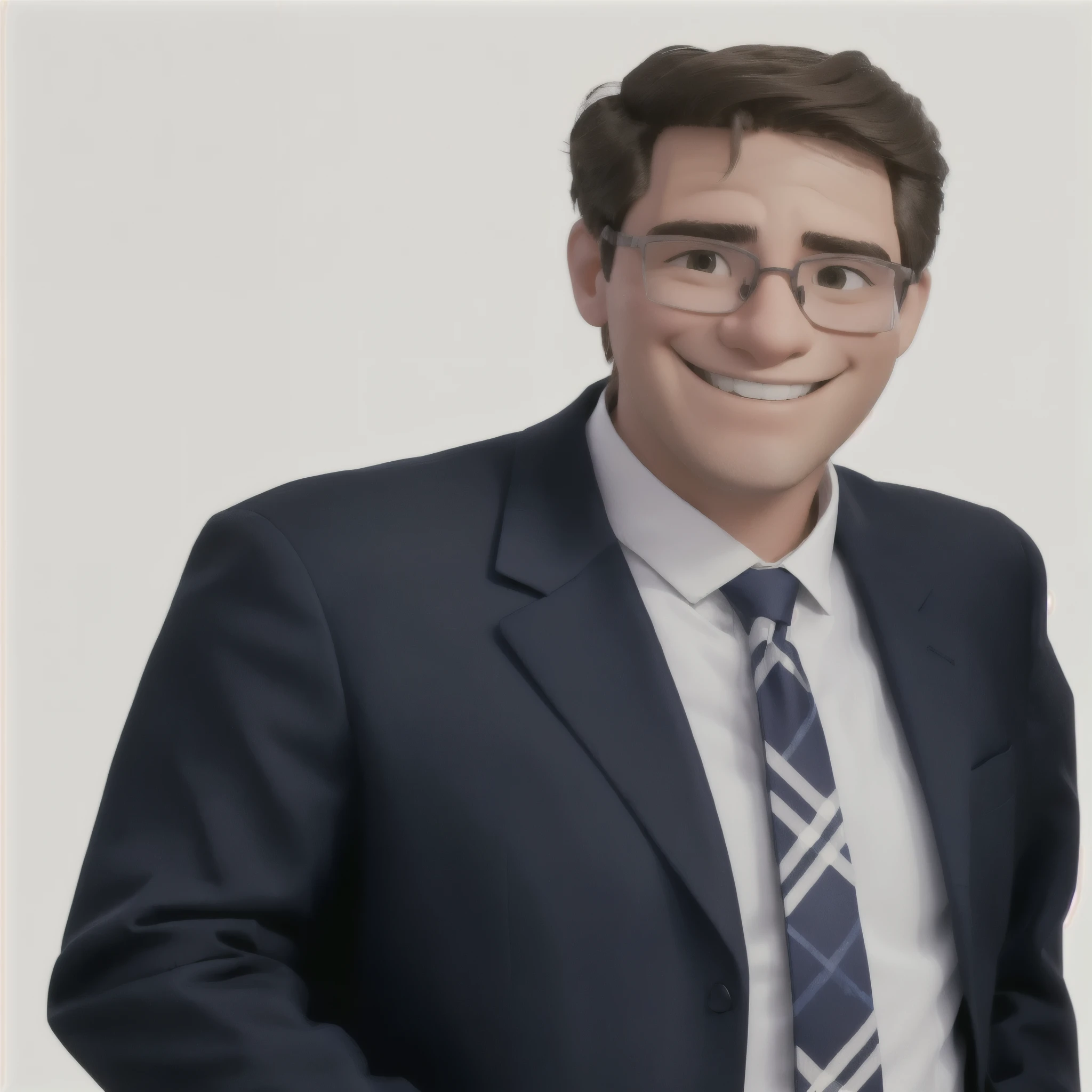 smiling man in a suit and tie in front of a white background, stylish glasses
