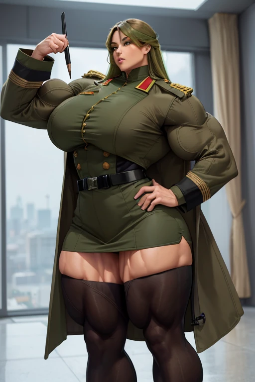 ((Massive, beautiful, buff, light brown skinned muscular woman with green hair, orange eyes, black lipstick, ginormous bulky muscles)), ((close view)), ((((long sleeve military overcoat)))), ((long sleeve military overcoat)), necktie, blazer, ((((military officer uniform)))), (((waistcoat))), (((military officer uniform))), (((pencil skirt))), (((pencil skirt))), tie clip, pocket square, cloves, (pantyhose), high heels, (close view), (massive muscles), hyper muscles, long curvy hair, in a military office,