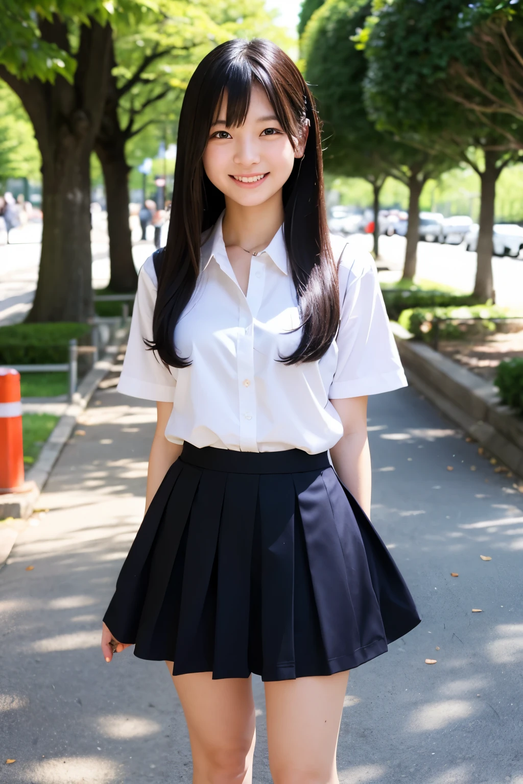 Standing in the park、Japanese high school girls、Long black hair、Smiling、Summer uniform、mini skirt、Full body portrait