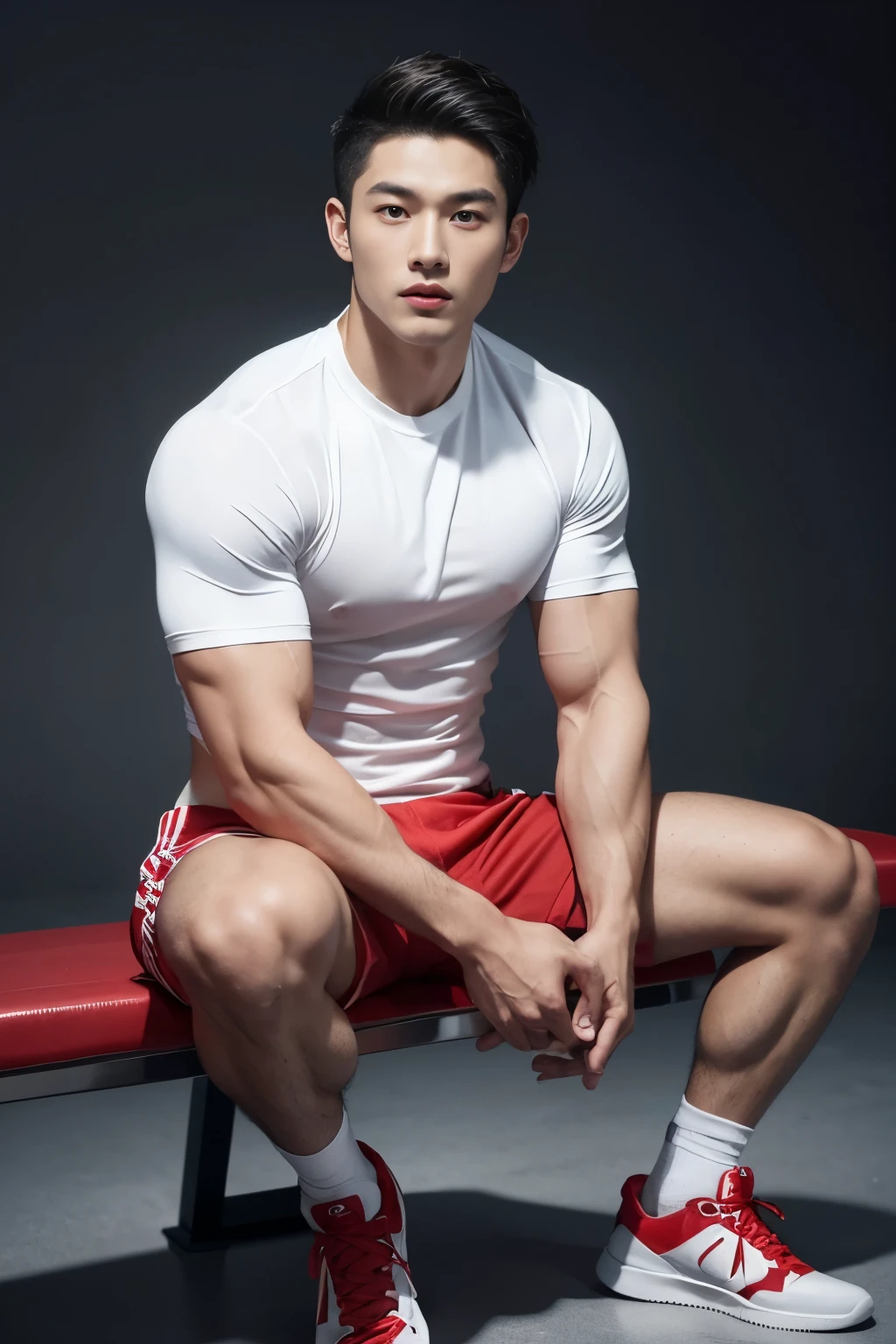 1 Chinese handsome guy，23-year-old dark-skinned sports student，bronze skin，Handsome fitness trainer，Broad shoulders and narrow waist，Masculine and sexy，The neckline is slightly open, The close-fitting fabric outlines the chest muscles，Wearing loose breathable red sportswear and black sports shorts，Sports straight man，Sitting on gym bench with hands on knees，High，Muscles look good，hairy body，Wearing white football socks and red sneakers，black eyes（Small eyes 1：3），whole body image
