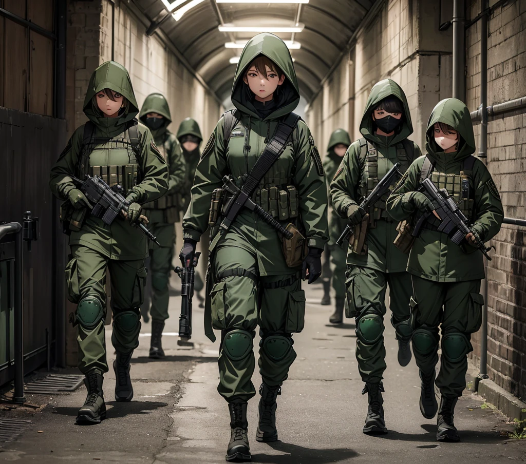 A group of female soldiers guarding in the tunnel、All wear dark green M-51 hooded military uniforms、Hooded on head、Magazine Pouch、Military Pants、Knee pads,Write details、masterpiece、best quality、Highly detailed CG、8K picture quality