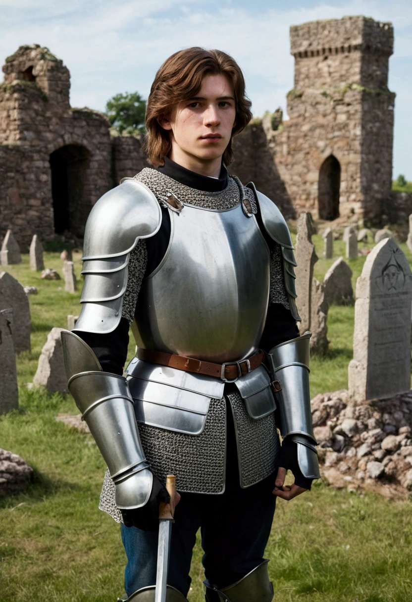 20 year old knight in plain armor, brown hair, medium height, plain looking, is standing in front of a number of graves that are made of rocks. In the background a ruined castle tower visible