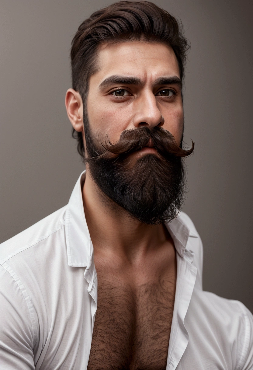Muscular Brazilian man with beard and mustache in white shirt, best quality,4K,8K,very attractive man with beard, well-groomed facial hair, fluffly, breath-taking, realisitic, ultrarealistic image, natural mustache, old male,soft portrait shot 8 k, very detailed portrait, bushy mustache, hyper-realistic style, thin and shiny beard, short facial hair, Stubble, fluffly, face detailed, ultra realistic portrait, hair grey,stylish suit, gaping mouth,
