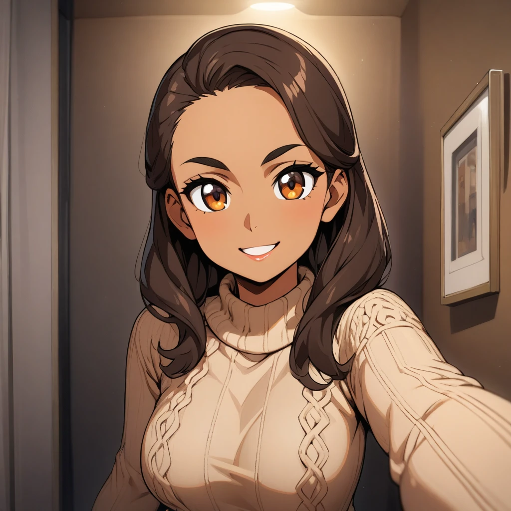 1 human girl, beautiful, standing at the corner of her room background:decorated_full_room, masterpiece, lights, highly detailed, upper_body, Round_breasts, looking at viewers, wearing a Knit sweater dress with cable patterned, smiling, selfie, showing her dress, Eyes Large, almond-shaped, dark brown, Nose Narrow and slightly hooked, Lips are Medium, natural pink, Hair Long, straight, dark brown, Skin Tone Warm medium with a golden undertone, Eyebrows Thick and arched, Cheekbones is High and defined, Chin is Rounded, ears are Small and close to the face, Resilient and determined