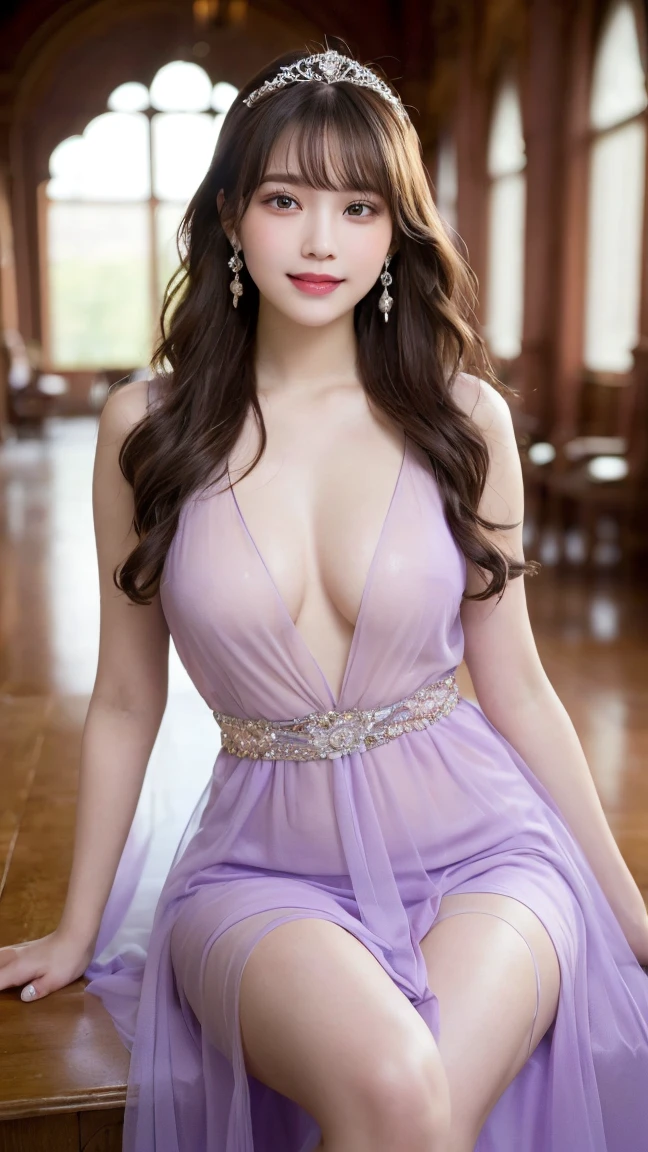 Tabletop, Highest quality, figure, Super detailed, In detail, High resolution, 8k wallpaper, Perfect dynamic composition, Beautiful attention to detail, Browsing Caution, whole body, Random sexy poses, (Light brown hair), Blunt bangs, Wavy Hair, (((Ridiculously long hair))), (((Beautiful and voluminous breasts))), (Realistic Skin), Natural color lip, (The best smile), (Princess), Beautiful 17 year old girl with a voluptuous body, (Sexy pink and light purple see-through long dress with delicate and beautiful embellishments:1.5), (The Great Hall in the background of a magnificent palace:1.2), (Bonfire), Earrings, meanwhile, bracelet, tiara