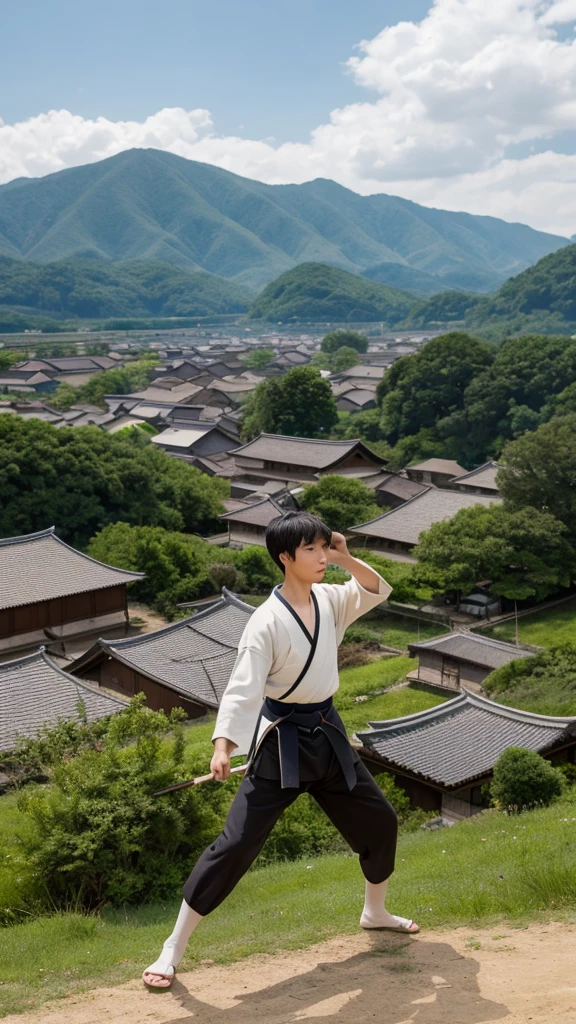 "A scenic view of Chichibu Village in Saitama, Japan, from the mid-19th century, with a young Eiichi Shibusawa practicing martial arts or studying, highlighting his early life and dedication to learning."