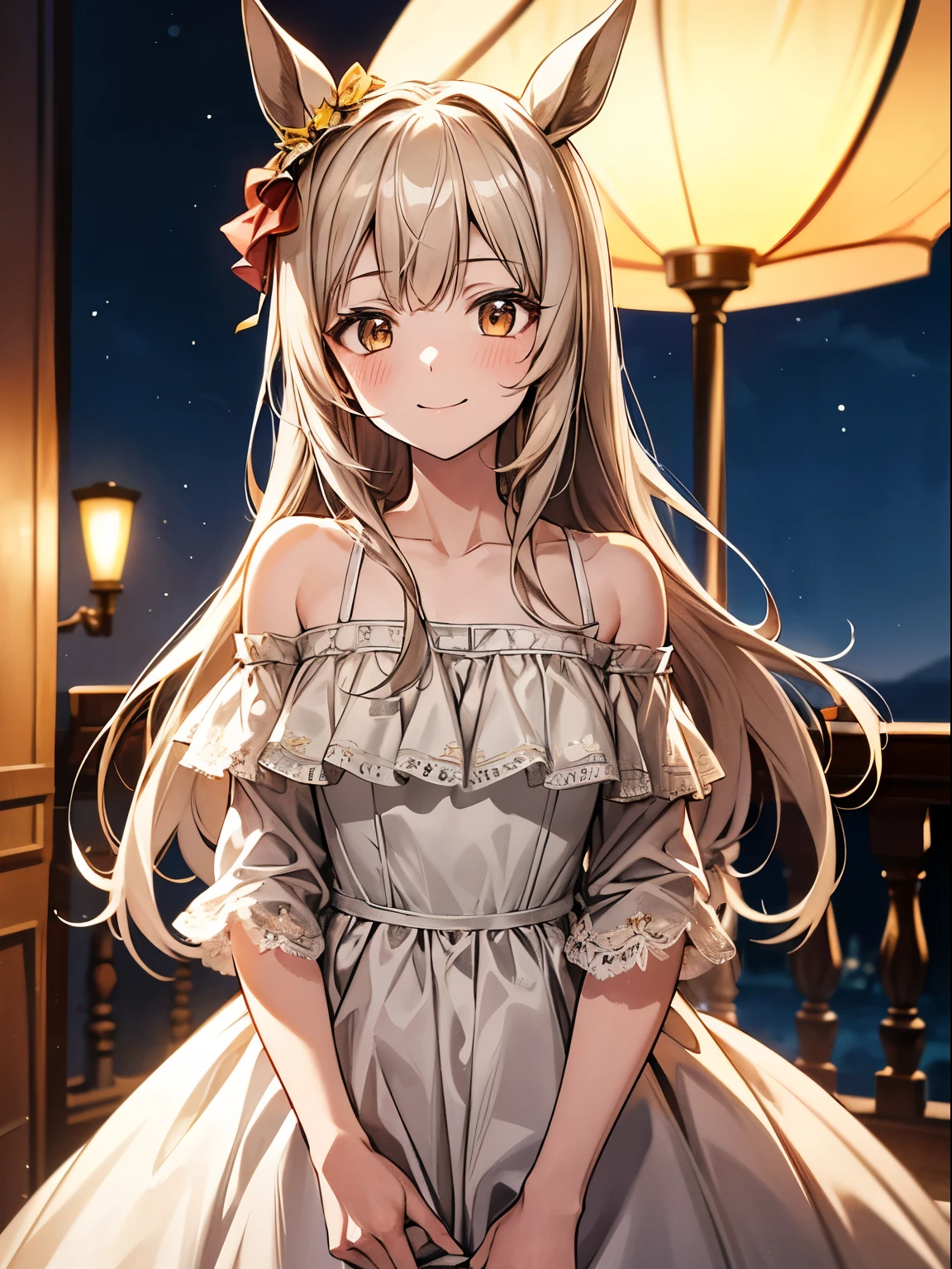 umamusume, 1 girl, Solo, ,Best Quality, Ultra-detailed, 8K, High resolution, detailed face, light gray hair without accessorie, straight hair, horse years, light brown eyes, light smile, gentle smile, grace, (night gown), yellow dress, off shoulder, flared dress,