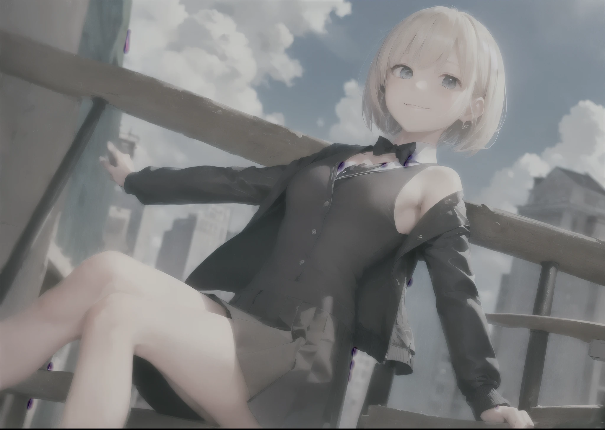 (masterpiece, best quality,extreme detAIled beautiful Eye), Optimal lighting, Perfect lighting,Look at the audience, (1 girl, Solitary,sky, City:1.3),NanasakiAI,Nanasaki_AI,
(whole body,Dynamic Angle,Dynamic poses,Smile,shining_Eye:1.2),(long_sleeve,Black_jacket,jacket,School_,Gibito_High target_School_:1.2),
(short_hAIr,Large target_breast,clavicle:1.2),Black_bow tie,Black_skirt,Wrinkles_skirt,White_shirt