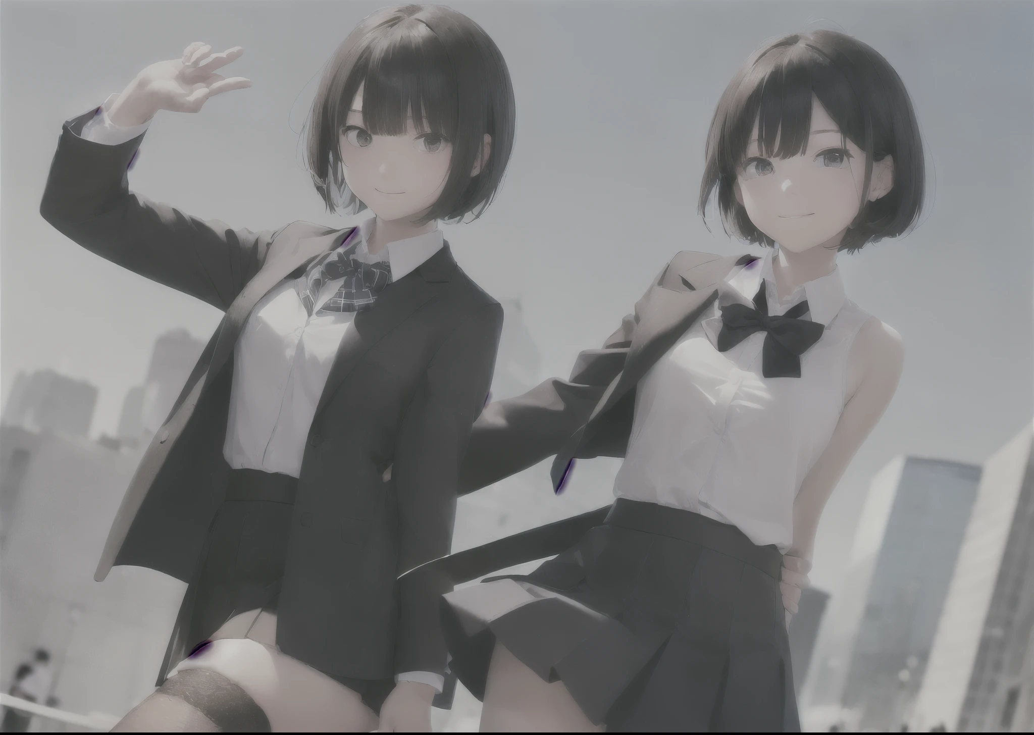 (masterpiece, best quality,extreme detAIled beautiful Eye), Optimal lighting, Perfect lighting,Look at the audience, (1 girl, Solitary,sky, City:1.3),NanasakiAI,Nanasaki_AI,
(whole body,Dynamic Angle,Dynamic poses,Smile,shining_Eye:1.2),(long_sleeve,Black_jacket,jacket,School_,Gibito_High target_School_:1.2),
(short_hAIr,Large target_breast,clavicle:1.2),Black_bow tie,Black_skirt,Wrinkles_skirt,White_shirt