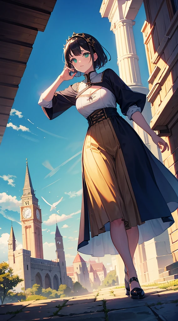 1girl, medieval dress, full body shot, traveler, green eyes, short black hair, medieval city background