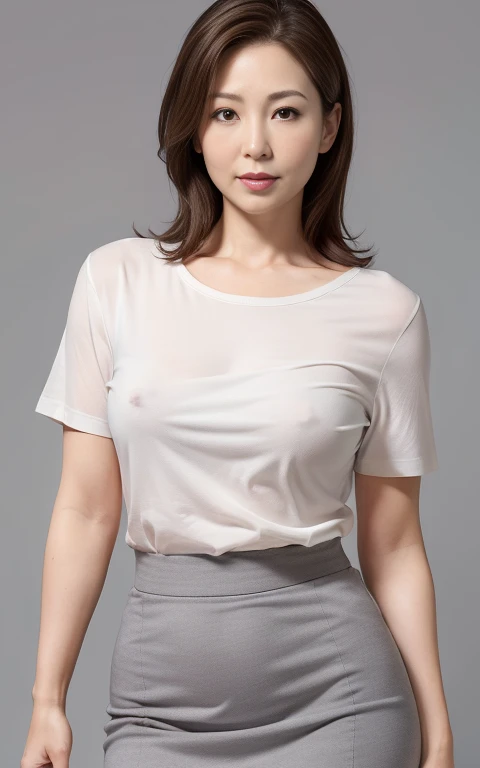 ((High resolution, high resolution, High detail, masterpiece)), Rough skin, Anatomically correct, sharp, Gray background ((Japanese Mature, 45 years old)), alone, Shapely large breasts, Straight light brown hair reaching to the shoulders, Chubby body type, (((Stand upright, from the front)),T-Shirts, skirt,