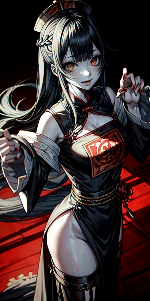 lora:flat:-1.2, masterpiece, best quality, 4k, 8k, 1 woman, solo, pale skin, tall stature, long hair, blunt bangs, side braid, black hair, ugly face, bad face, bad eyes, droopy eyes, unclear eyes, ruby red eyes, lemon yellow eyes, pale skin, black eyeliner, black eye shadow, heterochromia, slender frame, frightened, ofuda, jiangshi costume:1.2, sheath long skirt, China dress, fang, horror, coffin, forest, dark night, stormy weather, fog, from front, cowboy shot, look at viewer, paw pose,