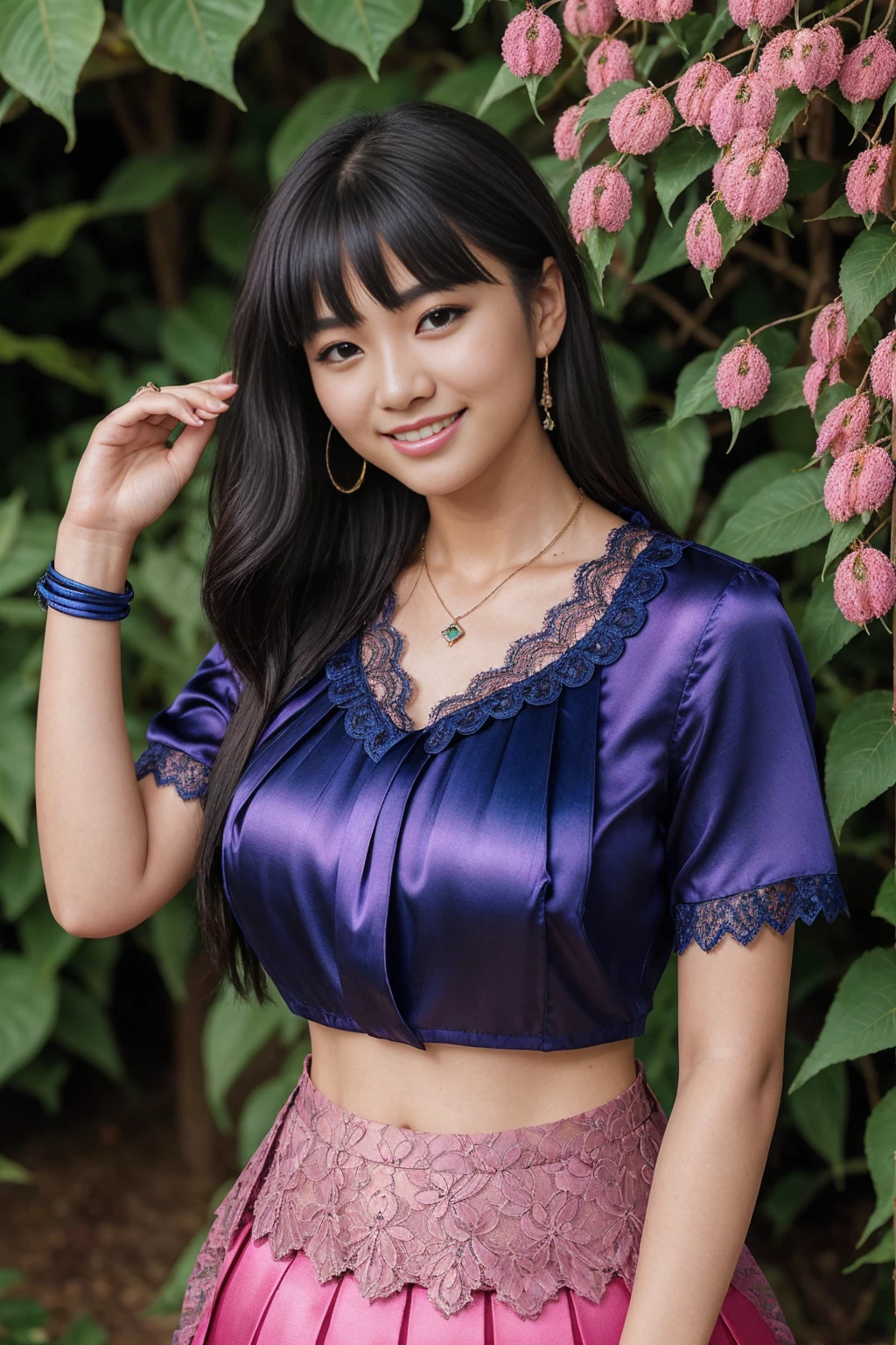 Half-length glamour portrait, nikon D850, f1.6 lens, 200mm, DSLR, 22 Megapixels, (((Exotic botanical garden scene))), shot of a stunning 19 years old korean girl, (smile:1.4), (wearing cobalt blue lace blouse with amaranth pink pleated satin midi skirt:1.6), ((seductive pose)), hot girl, (((big natural breasts))), (((black fringe hair))), ( girl), symmetrical face, photorealistic, photography, (bright natural lighting), gorgeous, deep cleavage, (masterpiece), best quality, high resolution, extremely detailed, cinematic lighting, (((very narrow waist))), rich colors, hyper realistic, lifelike texture, ((jewelry)), (((She has beautiful hands and wears rings))), (bracelet), (necklace), (ankle chain), (nail polish) (earrings), Fuji Superia 200, 8k
