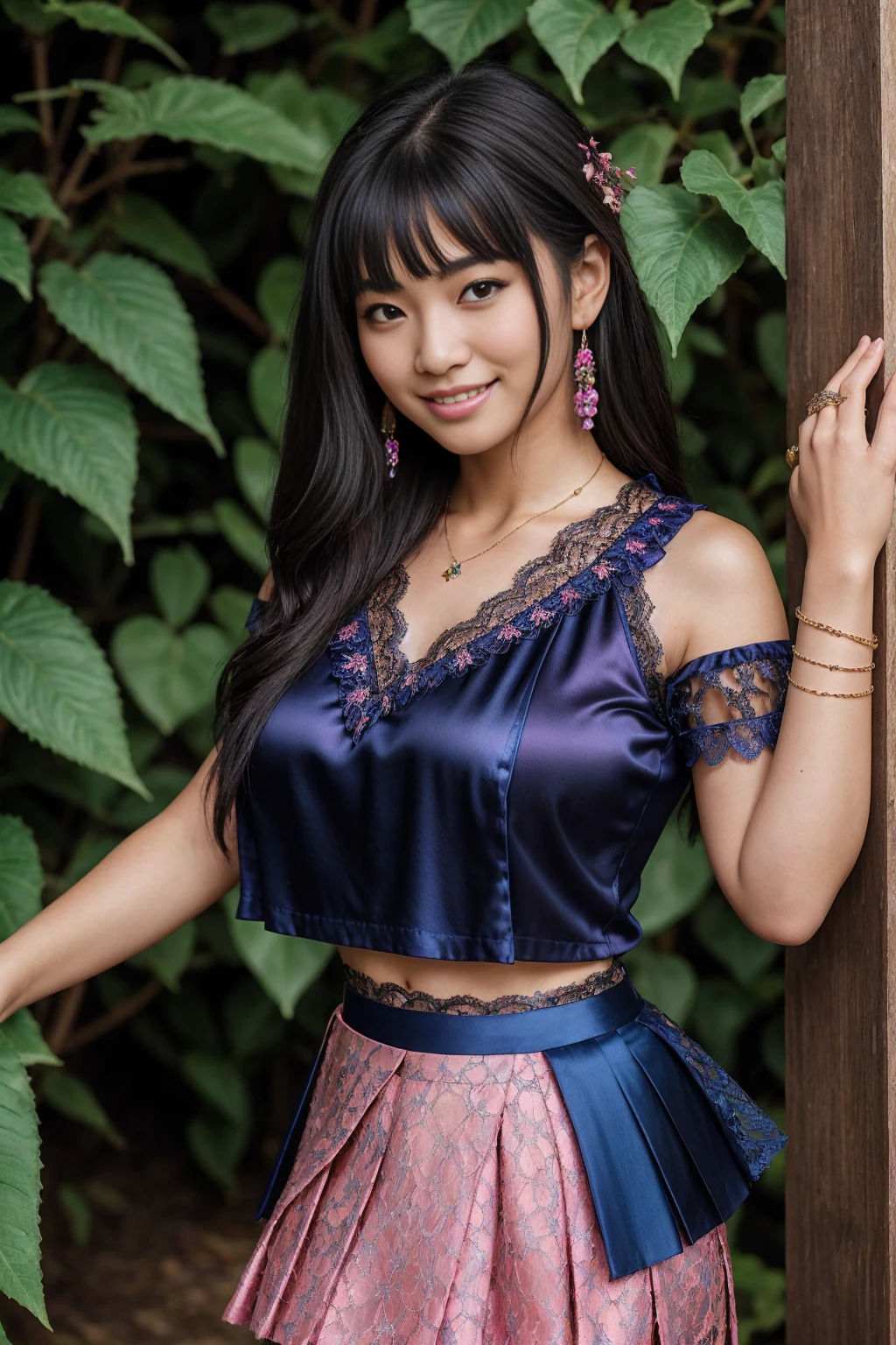 Half-length glamour portrait, nikon D850, f1.6 lens, 200mm, DSLR, 22 Megapixels, (((Exotic botanical garden scene))), shot of a stunning 19 years old korean girl, (smile:1.4), (wearing cobalt blue lace blouse with amaranth pink pleated satin midi skirt:1.6), ((seductive pose)), hot girl, (((big natural breasts))), (((black fringe hair))), (small girl), symmetrical face, photorealistic, photography, (bright natural lighting), gorgeous, deep cleavage, (masterpiece), best quality, high resolution, extremely detailed, cinematic lighting, (((very narrow waist))), rich colors, hyper realistic, lifelike texture, ((jewelry)), (((She has beautiful hands and wears rings))), (bracelet), (necklace), (ankle chain), (nail polish) (earrings), Fuji Superia 200, 8k