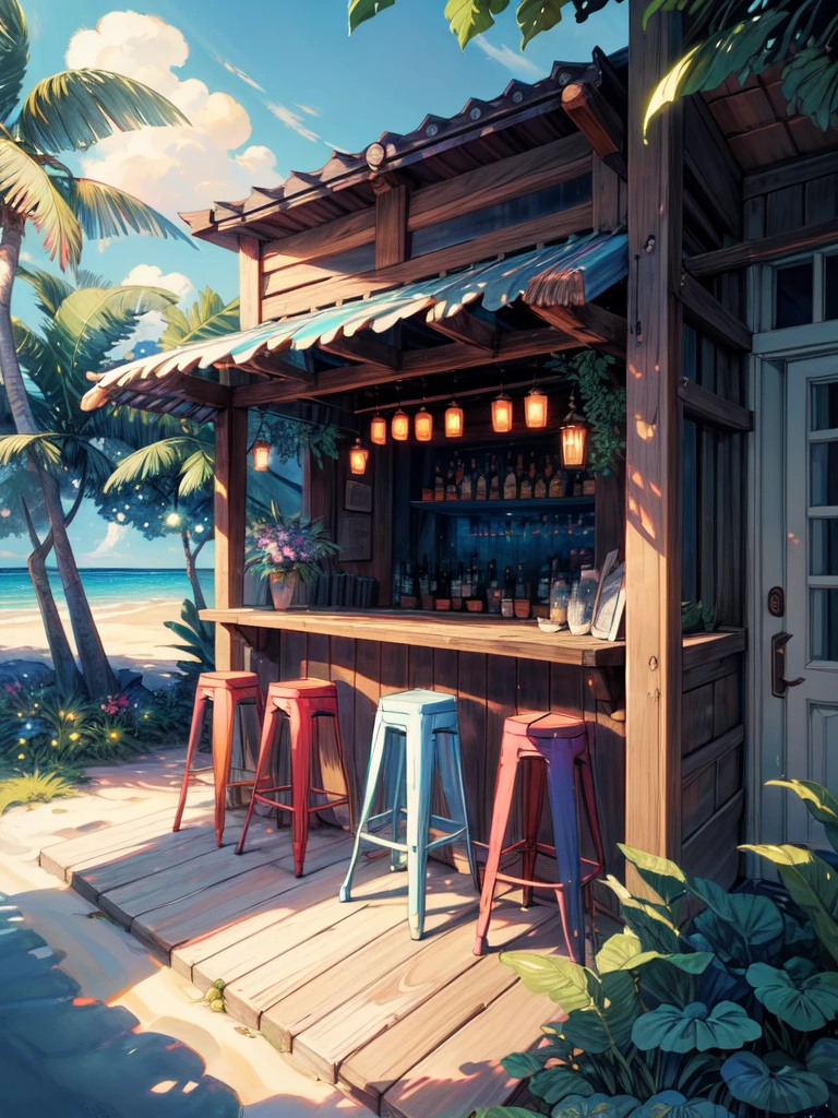 wide view, outdoor bar, beach side, wooden interior, bar chairs, tropical leafy plants, menu board, sunlight falling on floor, shade, surf board, beach visible from door, afternoon, bar shelf, vibrant color tones, ghibli style, no humans, scenery, masterpiece, high resolution 