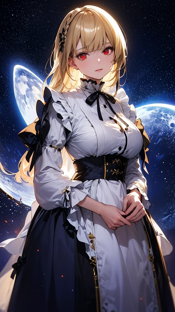 masterpiece, high quality, 4K, Beautiful design, silhouette，blonde， 非常に詳細な夜のStarry Sky,Flower Field， wonderful, Finer details,  Very knowledgeable woman, Highly detailed solo, 1 female,Red eyes，Big Breasts，White Lolita Fashion，fan，Night view，Starry Sky，full moon，