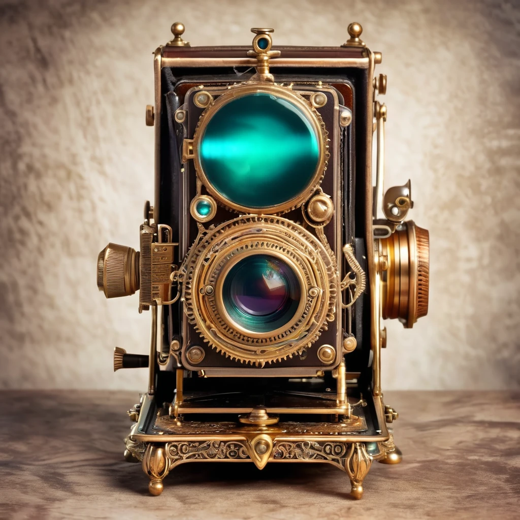 A magical artifact with a bright stone in the form of a 19th century camera. steampunk style