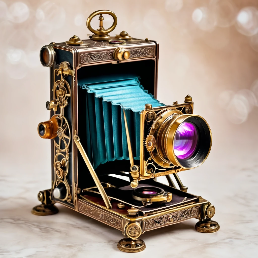 A magical artifact with a bright stone in the form of a 19th century camera. steampunk style