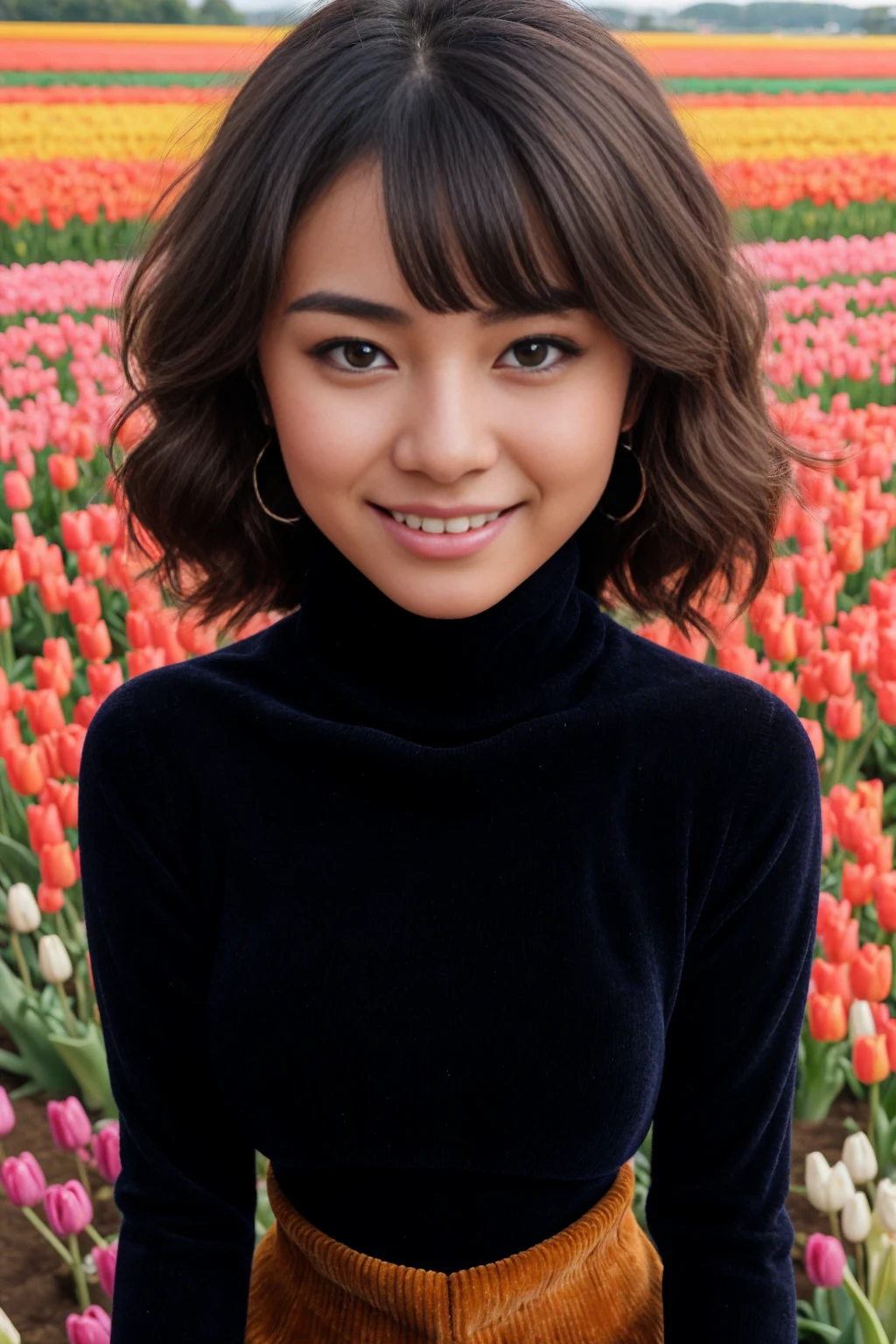 Half-length glamour portrait, nikon D850, f1.6 lens, 200mm, DSLR, 22 Megapixels, (((Tulip field scene))), shot of a stunning 19 years old korean girl, (smile:1.4), (wearing navy blue turtleneck cashmere tunic with corduroy leggings:1.6), ((seductive pose)), hot girl, (((big natural breasts))), (((black fringe hair))), (small girl), symmetrical face, photorealistic, photography, (bright natural lighting), gorgeous, deep cleavage, (masterpiece), best quality, high resolution, extremely detailed, cinematic lighting, (((very narrow waist))), rich colors, hyper realistic, lifelike texture, ((jewelry)), (((She has beautiful hands and wears rings))), (bracelet), (necklace), (ankle chain), (nail polish) (earrings), Fuji Superia 200, 8k