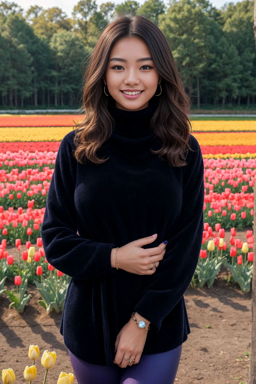 Half-length glamour portrait, nikon D850, f1.6 lens, 200mm, DSLR, 22 Megapixels, (((Tulip field scene))), shot of a stunning 19 years old korean girl, (smile:1.4), (wearing navy blue turtleneck cashmere tunic with corduroy leggings:1.6), ((seductive pose)), hot girl, (((big natural breasts))), (((black fringe hair))), (small girl), symmetrical face, photorealistic, photography, (bright natural lighting), gorgeous, deep cleavage, (masterpiece), best quality, high resolution, extremely detailed, cinematic lighting, (((very narrow waist))), rich colors, hyper realistic, lifelike texture, ((jewelry)), (((She has beautiful hands and wears rings))), (bracelet), (necklace), (ankle chain), (nail polish) (earrings), Fuji Superia 200, 8k
